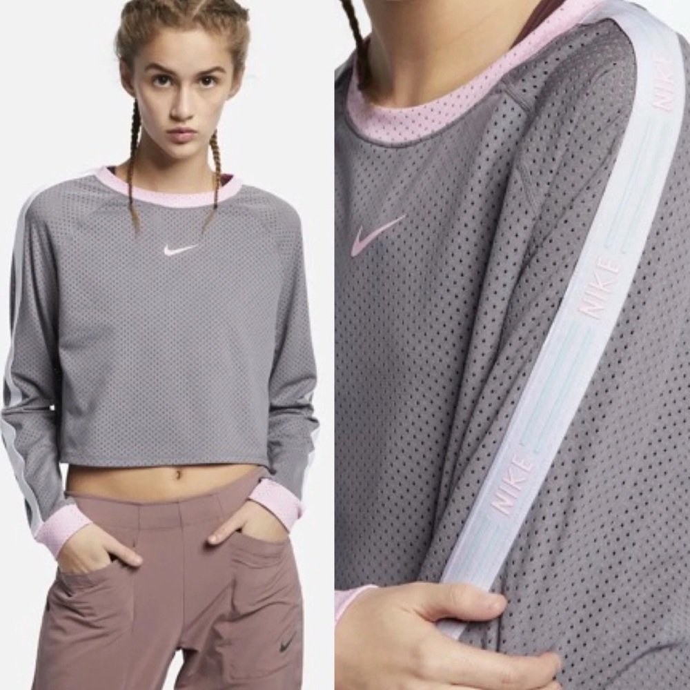 Nike Hyper Femme Cropped Long Sleeve Mesh Running Top Size XS Gray‎